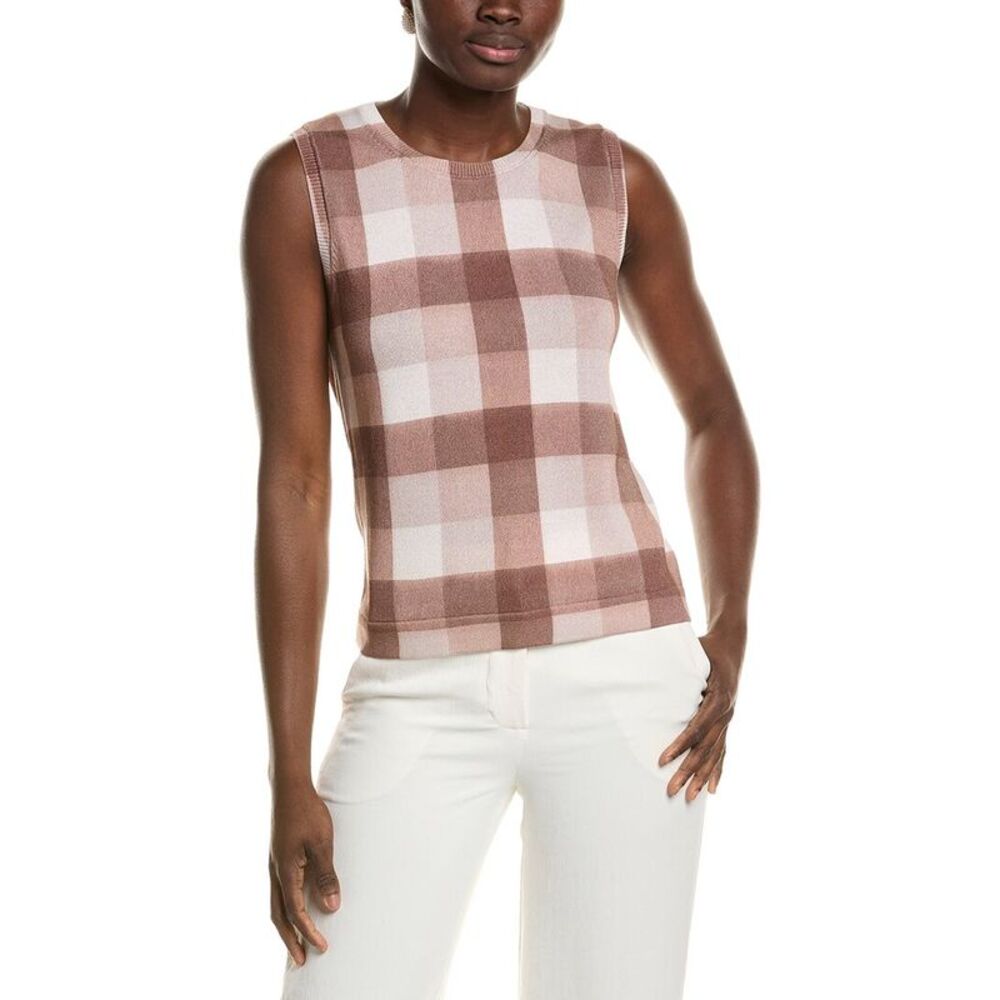 Oscar De La Renta Womens  Printed Plaid Twinset Top, Brown